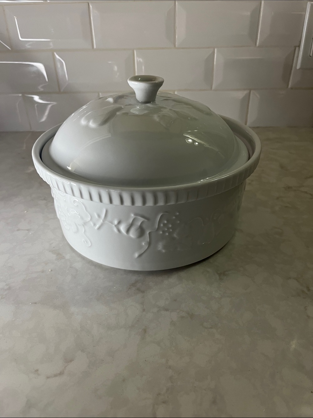Crate & Barrel Porcelain  A-1-7 Casserole From Portugal 10” diameter 4” deep